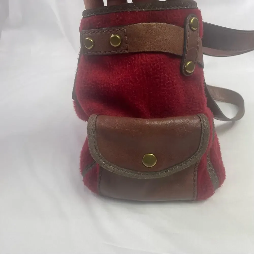 FOSSIL Adrina Red‎ Wool Brown Leather Trim  Handbag